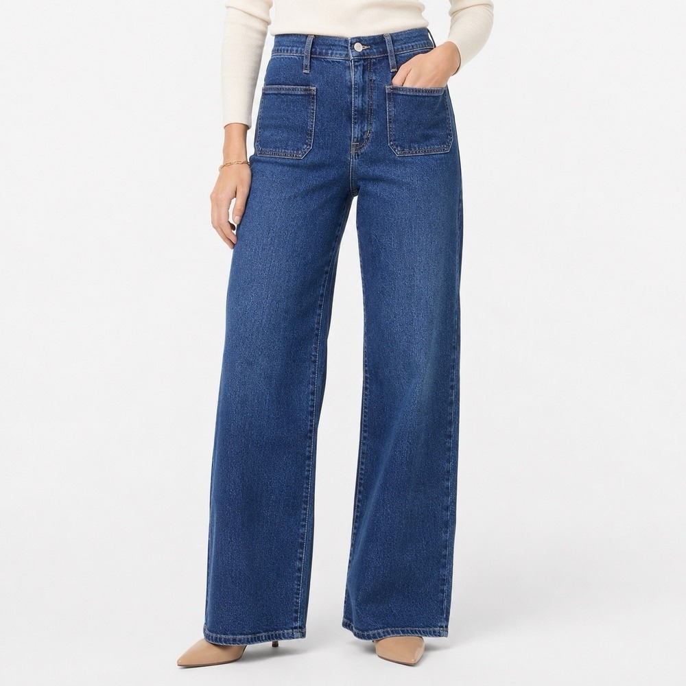 NWT J Crew Sz 34 Full Length Wide Leg Blue Jeans All Day Stretch Luxury Classic
